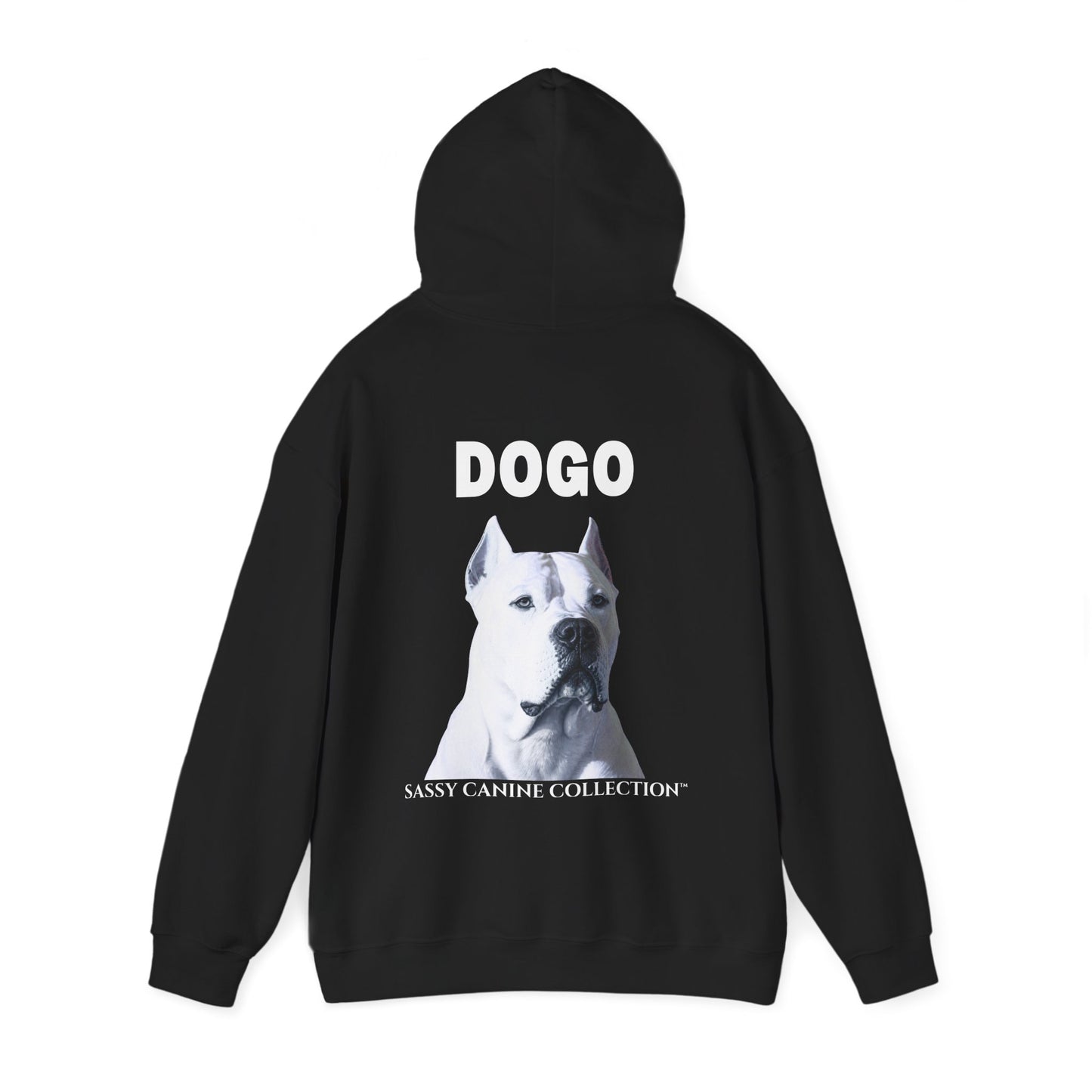 A black pullover hoodie shown from the back, featuring a large graphic print of a Dogo on back and small image on chest.  Designed by Sassy Canine Collection.