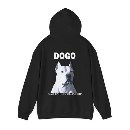 A black pullover hoodie shown from the back, featuring a large graphic print of a Dogo on back and small image on chest.  Designed by Sassy Canine Collection.