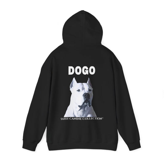 A black pullover hoodie shown from the back, featuring a large graphic print of a Dogo Argentino on back and small image on chest.  Designed by Sassy Canine Collection.