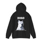 A black pullover hoodie shown from the back, featuring a large graphic print of a Dogo on back and small image on chest.  Designed by Sassy Canine Collection.