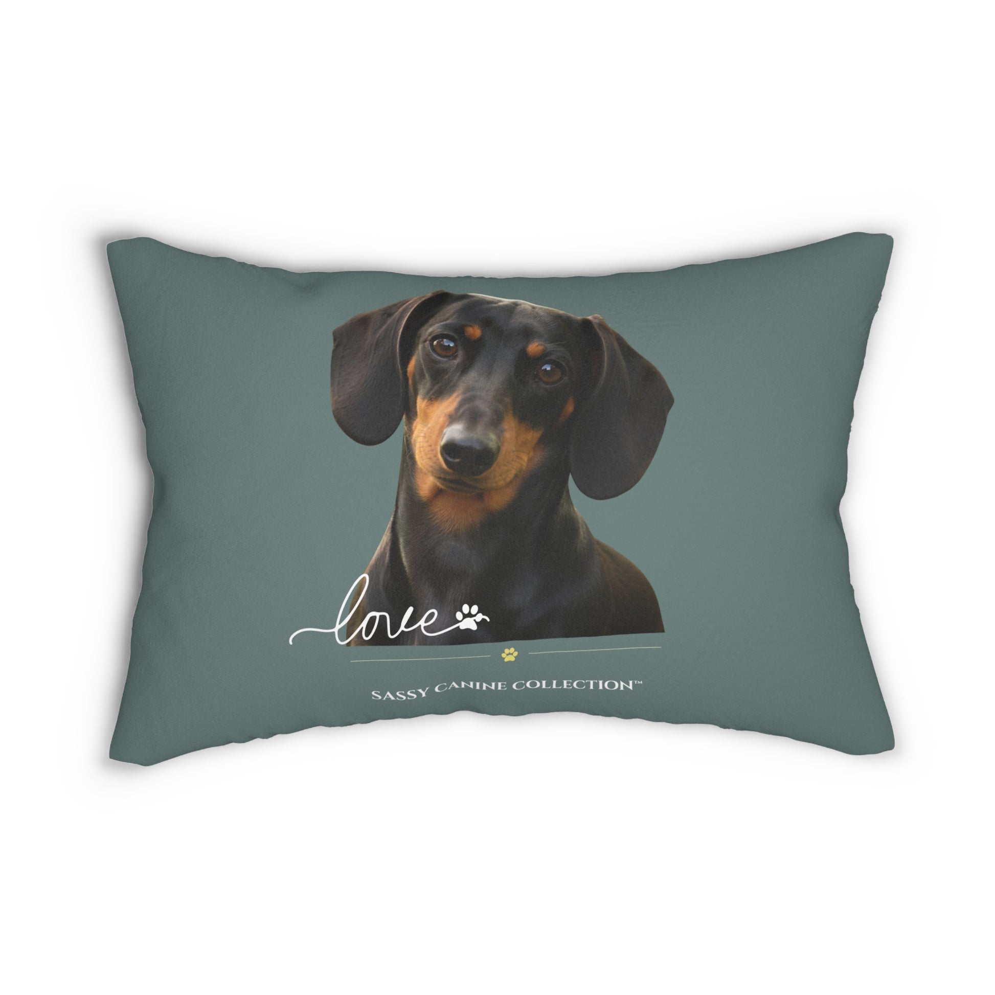 A rectangular decorative throw pillow in a muted slate blue-gray color, featuring a printed portrait of a black and tan dachshund with the word 'love' and 'Sassy Canine Collection' printed below.