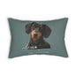 A rectangular decorative throw pillow in a muted slate blue-gray color, featuring a printed portrait of a black and tan dachshund with the word 'love' and 'Sassy Canine Collection' printed below.