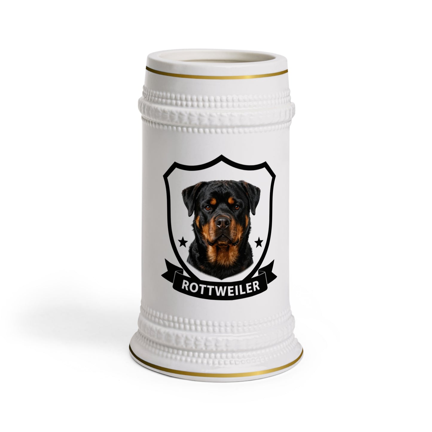 A white ceramic beer stein featuring a custom Rottweiler dog portrait inside a black shield emblem with the text 'ROTTWEILER' on a banner, set against a plain white background.