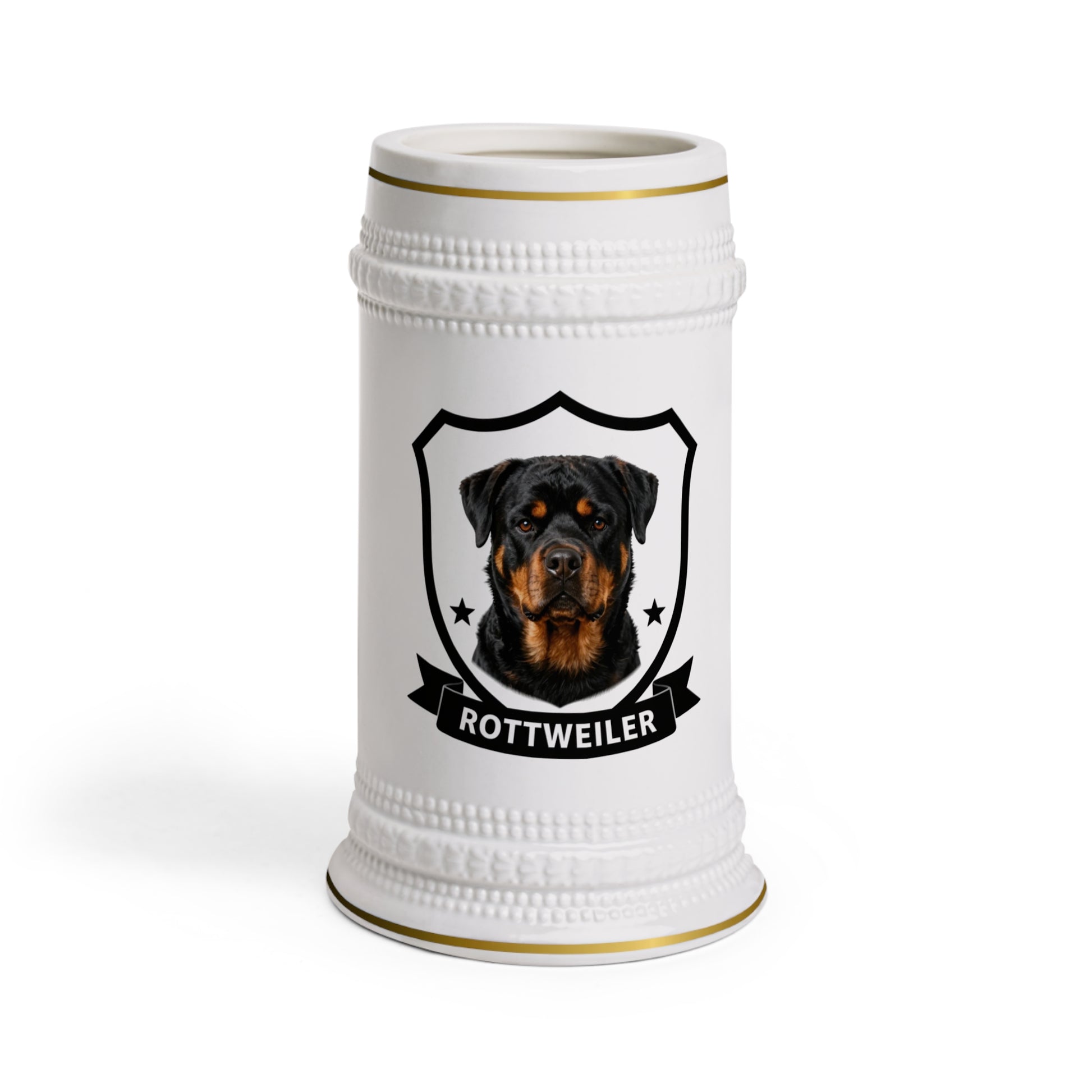 A white ceramic beer stein featuring a custom Rottweiler dog portrait inside a black shield emblem with the text 'ROTTWEILER' on a banner, set against a plain white background.