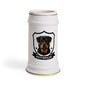 A white ceramic beer stein featuring a custom Rottweiler dog portrait inside a black shield emblem with the text 'ROTTWEILER' on a banner, set against a plain white background.