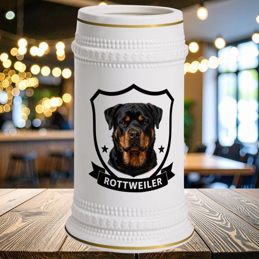 A white ceramic beer stein with gold trim and a custom Rottweiler dog 