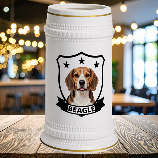 A white ceramic beer stein with gold trim and a portrait of a Beagle dog crest design