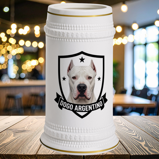 A white ceramic beer stein with gold trim, featuring a of a portrait of a Dogo Argentino dog inside a black shield with the text DOGO ARGENTINO