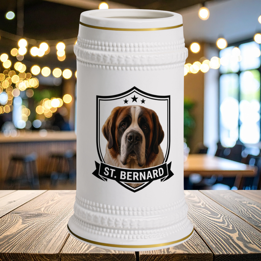 A white ceramic beer stein with gold trim and a portrait of a  St. Bernard dog  on the front