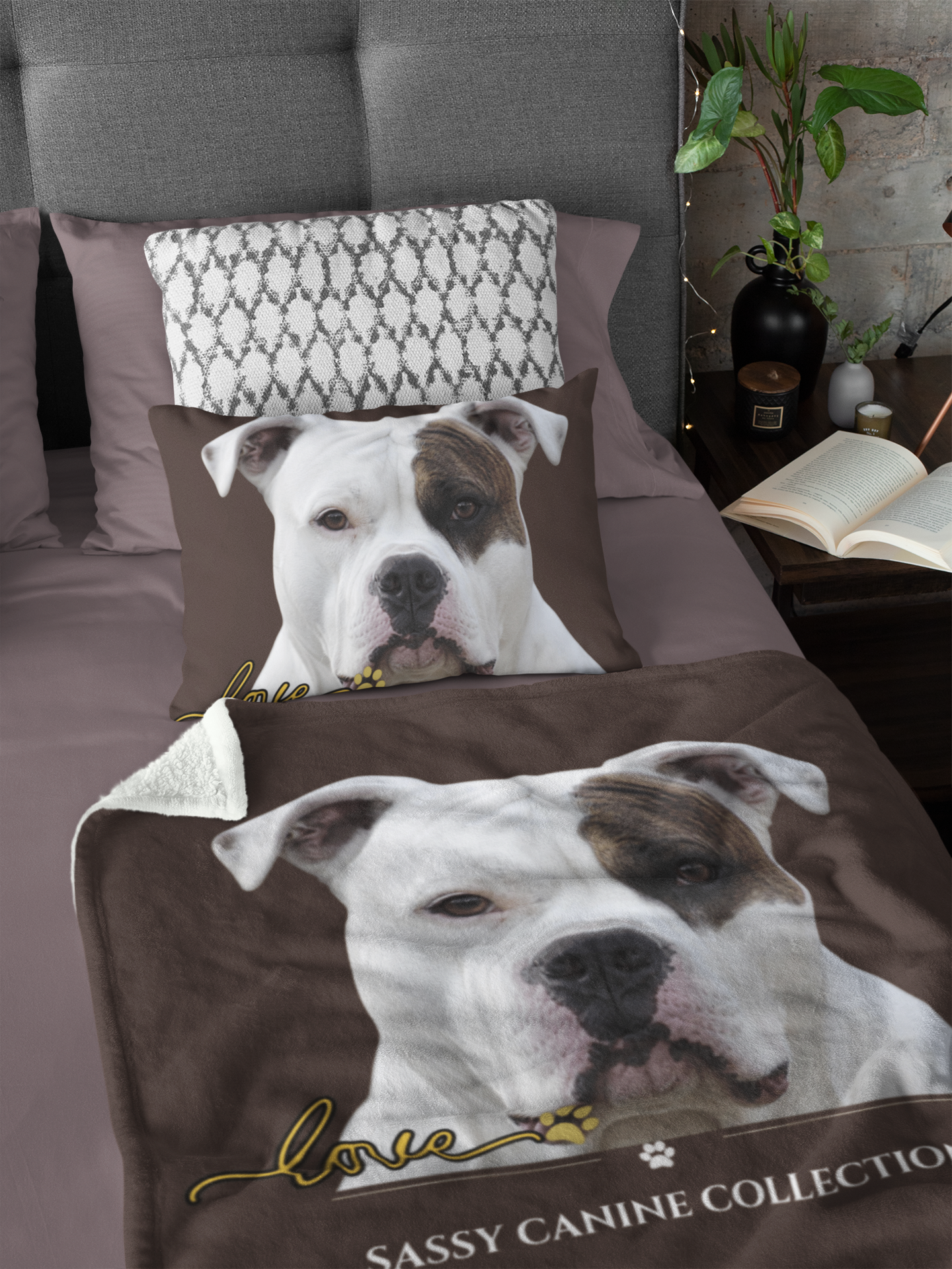 A 50x60 brown velveteen plush throw blanket and matching pillow  featuring a large American Bulldog with Love text and  'Sassy Canine Collection. 
