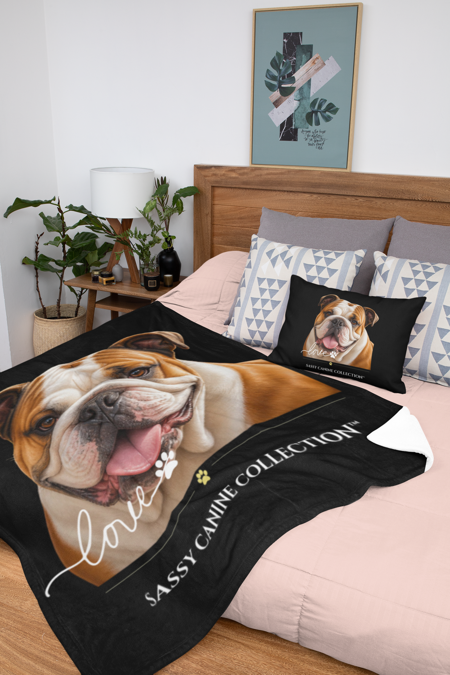 A custom printed blanket and matching pillow set featuring a bulldog portrait, styled on a bed in a bedroom setting.